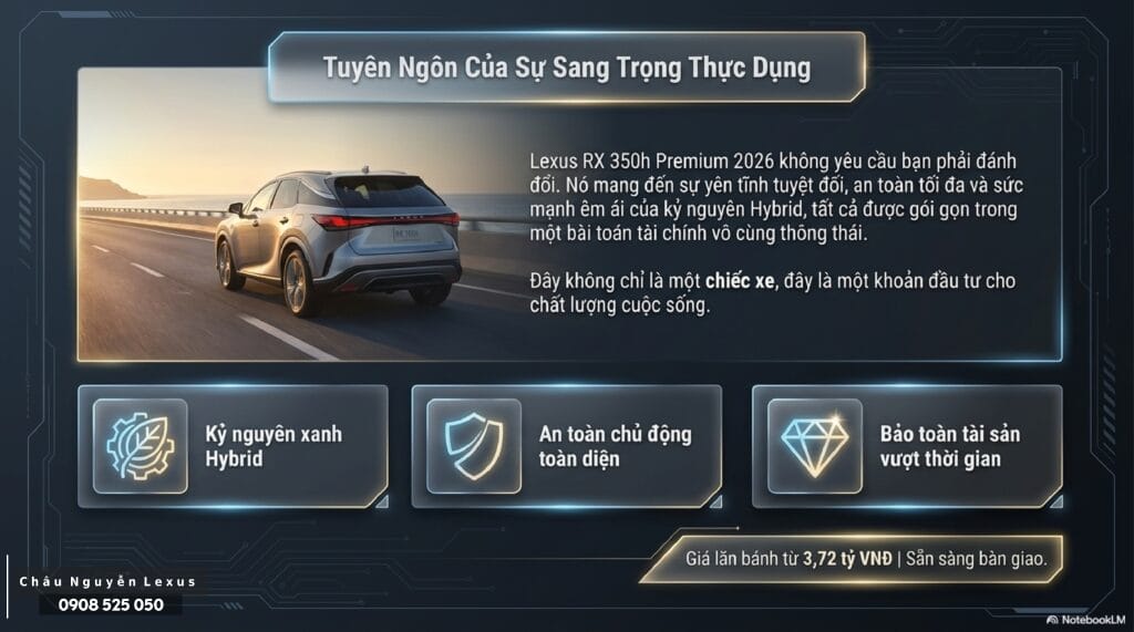 Lexus RX 350h Premium được định vị chiến lược là phiên bản dễ tiếp cận nhất cho những ai muốn sở hữu công nghệ Hybrid tự sạc